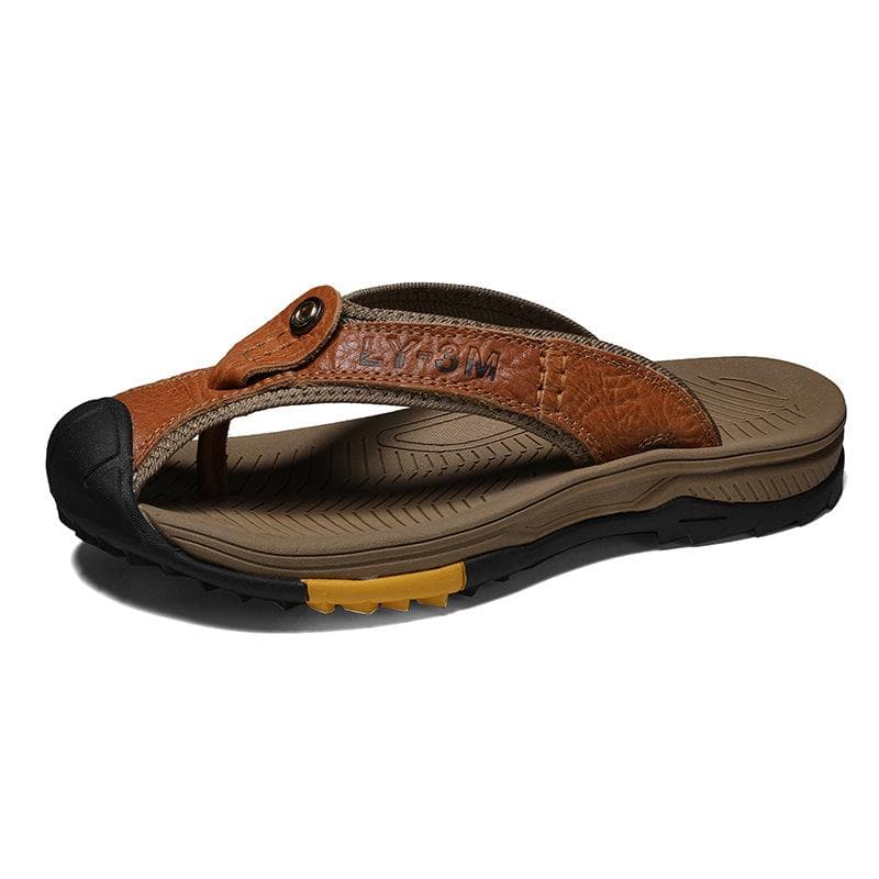 Genuine Cow Leather Shoes Men Sandals Mens Flip Flops Men's Casual Shoes Classic Massage Beach Slippers Anti-slip Summer 39 brown
