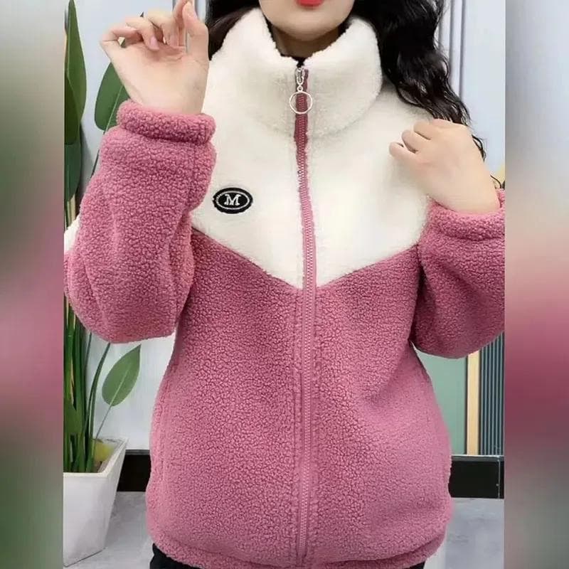 Women Jacket Colored Thickened Lamb Fleece Long Sleeve Mid Length Overcoat Warm Topcoat Quilted Top Autumn Winter Overgarmen XXXL pink