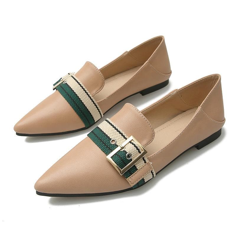 Korean Version of The New Pointed-toed Single Shoes Belt Buckle Flat Slip-on Small Leather Shoes Soft-soled Pregnant Women's Shoes 43 brown