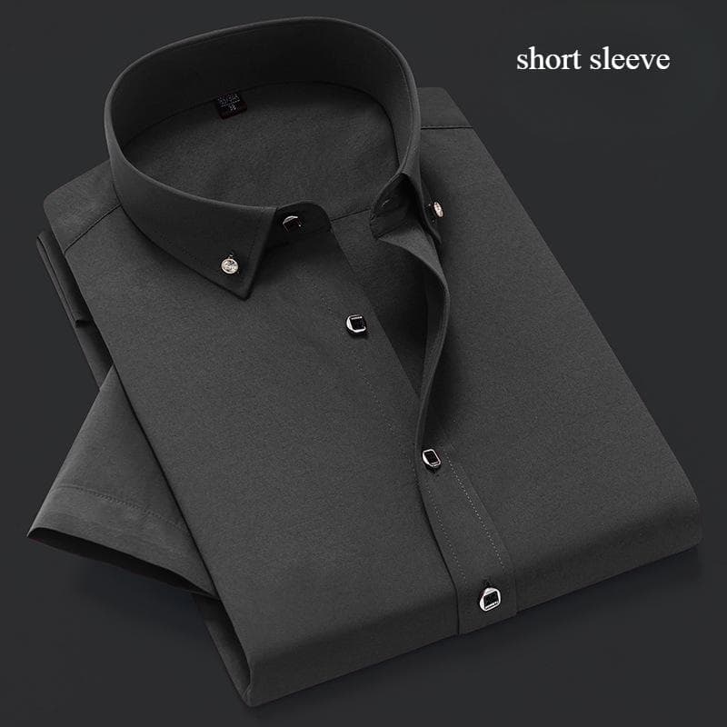 Men's Short Sleeved Shirt with Button Down Collar Business Solid Color Shirt Slim Fit Professional Casual Wear Suit Base Shirts Men’s 41 black