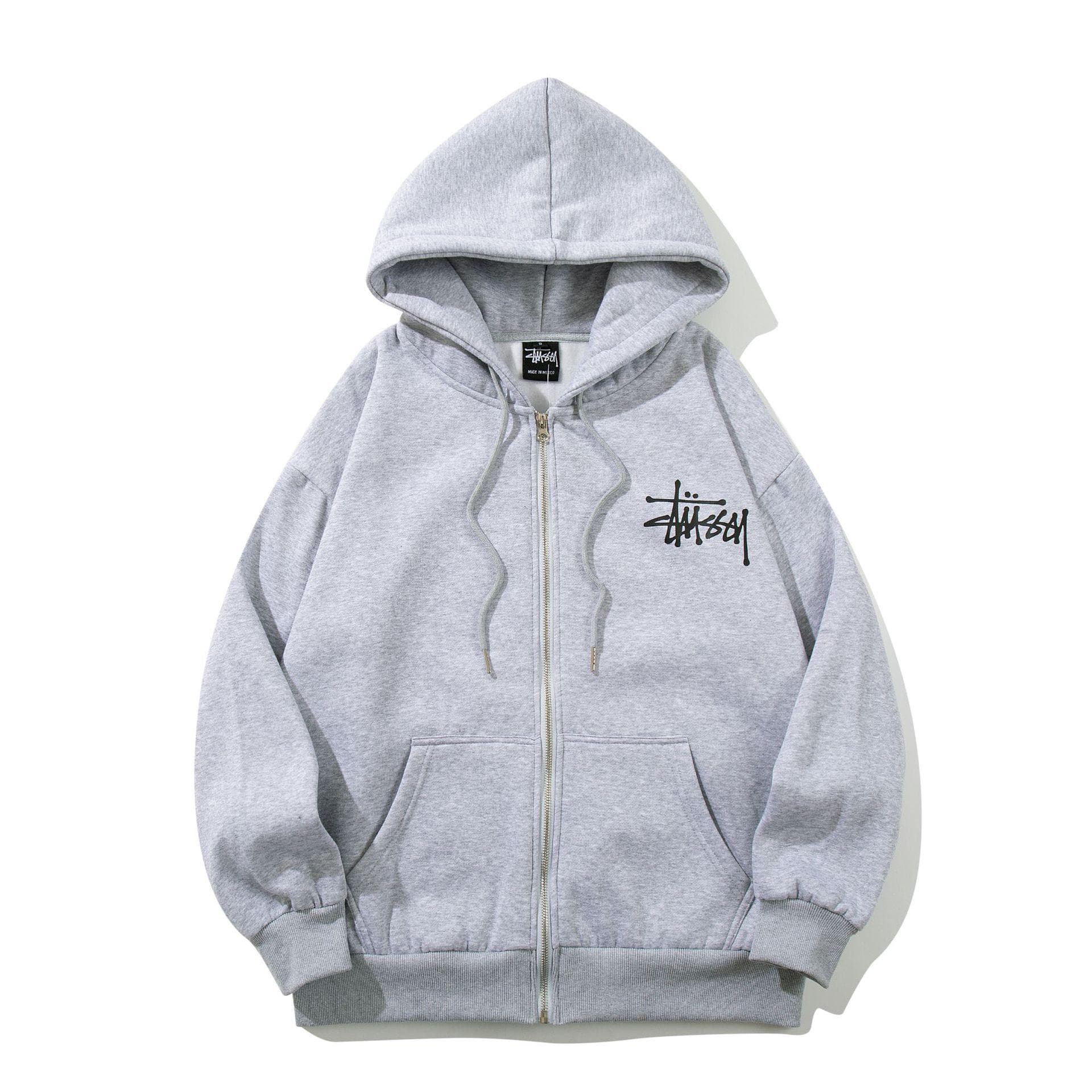 STU Plus Velvet Unisex Hooded Zip-Up Jacket - Warm, Trendy Autumn/Winter Outerwear for Students. L light gray