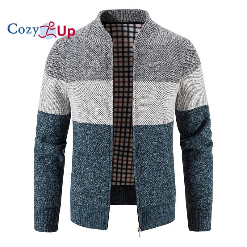 Cozy Up Men Warm Knitted Cardigan Sweater with zipper inside Velvet XXXL blue