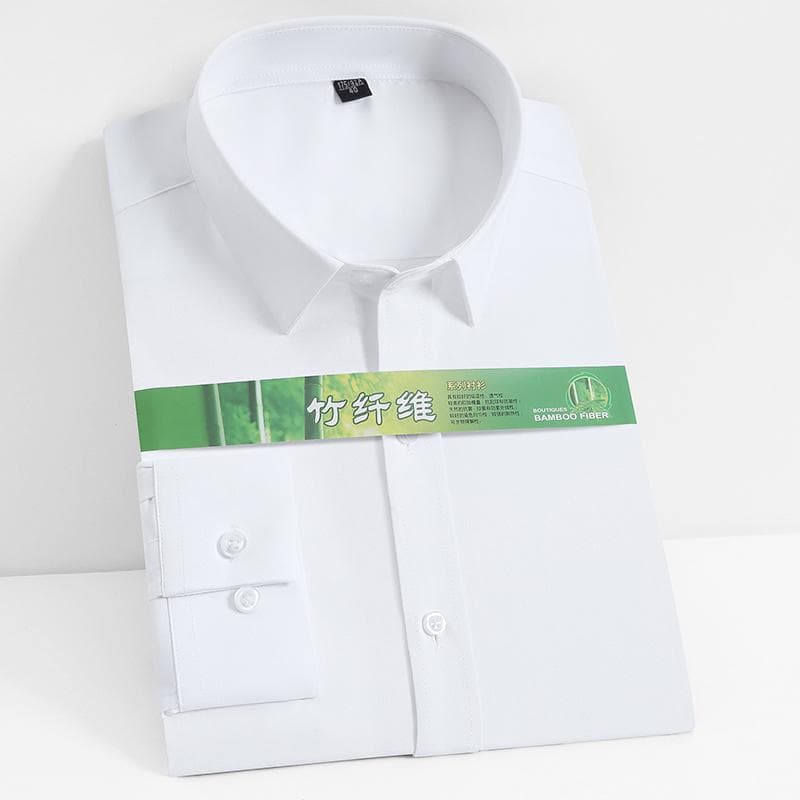 Men's Classic Long Sleeve Stretch Bamboo Fiber Basic Dress Shirt Pocketless Standard-fit Business Work Office Easy-Care Shirts 38 white
