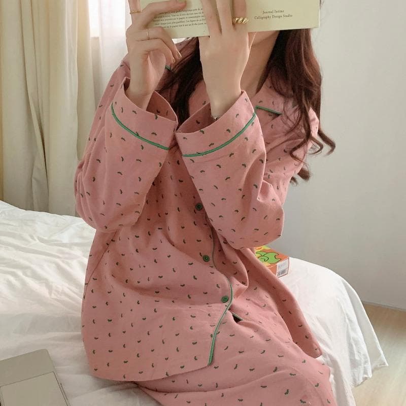 Women's Pajamas New Autumn Spring Long Sleeve Soft Sleepwear Set Striped Cartoon Pyjama Woman Home Nightwear Set Cardigan XXL