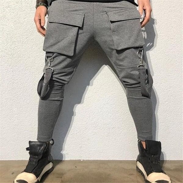 Side Zipper Pockets Ribbons Men's Jogger Trousers Cotton Hip Hop Streetwear Sweatpants Pencil Pants XXL grey