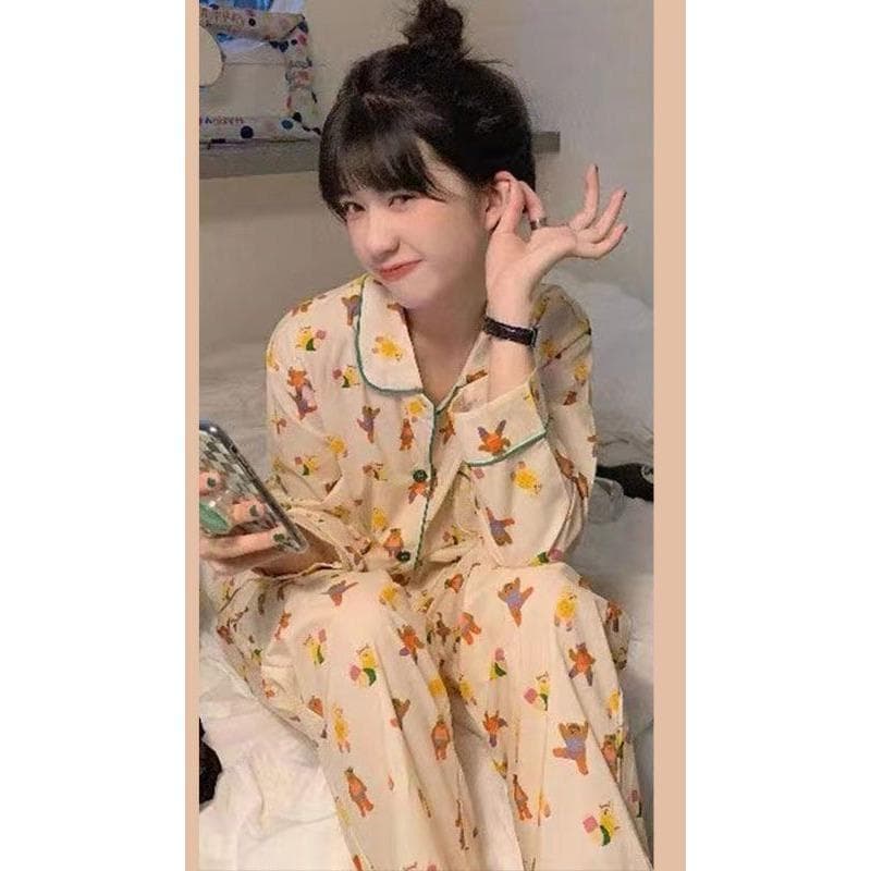 New Youth Korean Style Spring and Autumn Pajamas Set Women's Sweet Loose Home Clothes Set Girls Long Sleeve Home Clothes Set Pajamas 2XL