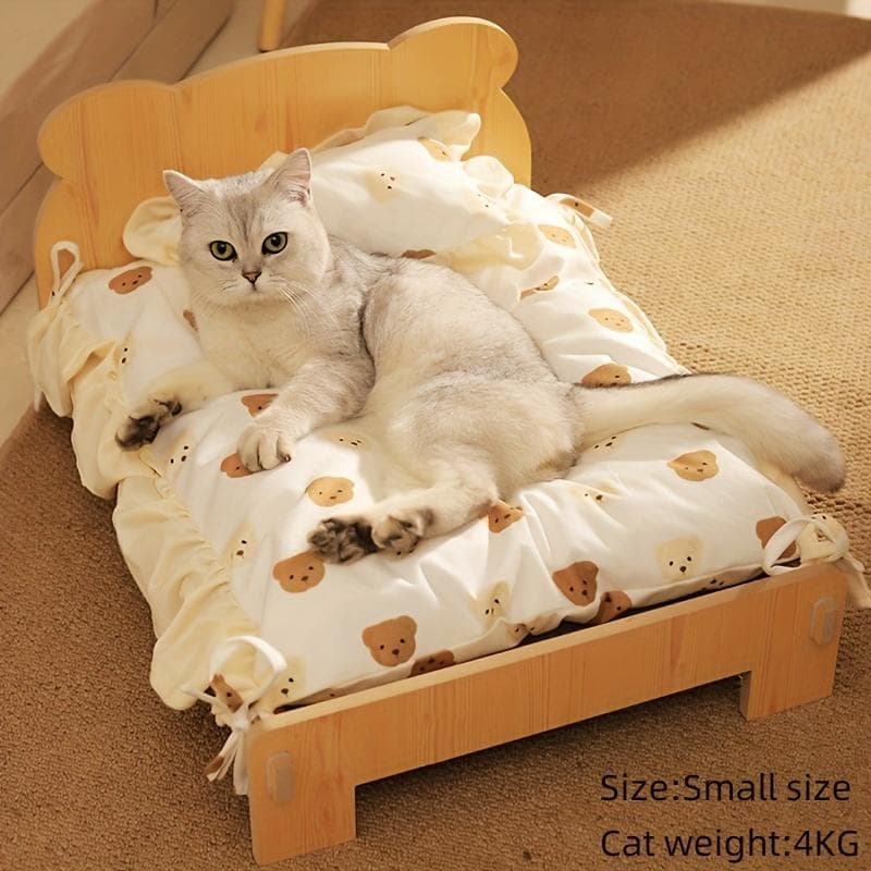 Washable Wooden Cat Bed with Soft Skin-Friendly Cloth, Detachable Princess Style Pet Bed for Cats and Small Dogs, Available in Two Sizes S