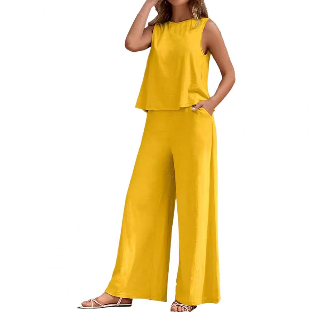 2 Pcs/Set Women Top Pants Set Solid Color Round Neck Sleeveless Loose Vest Wide Leg Side Pockets Trousers Daily Wear Commute Vac S yellow