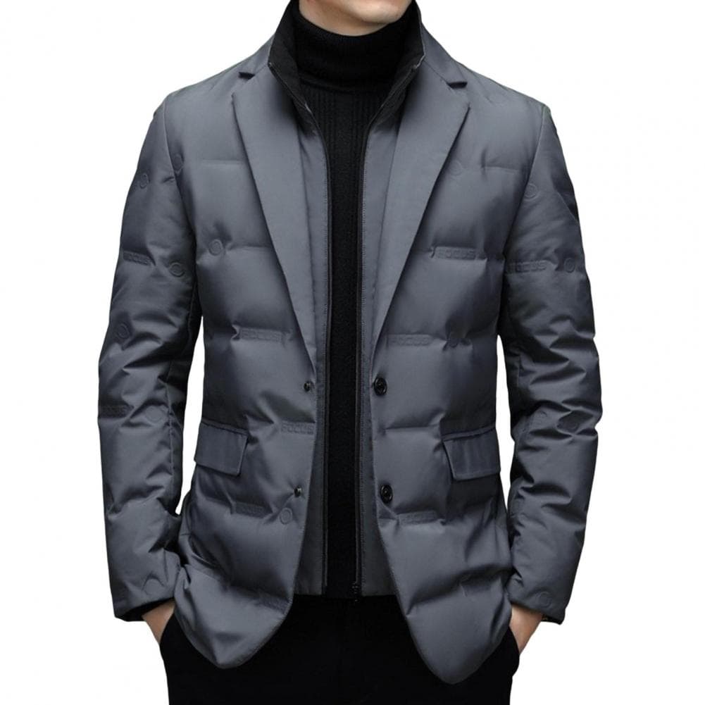 Men Cotton Suit Coat High Collar Suit Collar Long Sleeve Buttons Zipper Placket Suit Jacket Fake Two Pieces Quilted Outerwear L grey