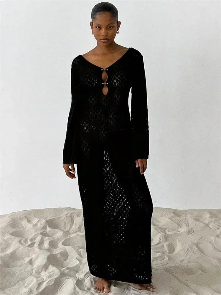 Trendix Knitted Crochet Cover Up Dress Women White Hollow Long Sleeve Maxi Dresses Vacation V Neck Backless Beach Dress Femme S
