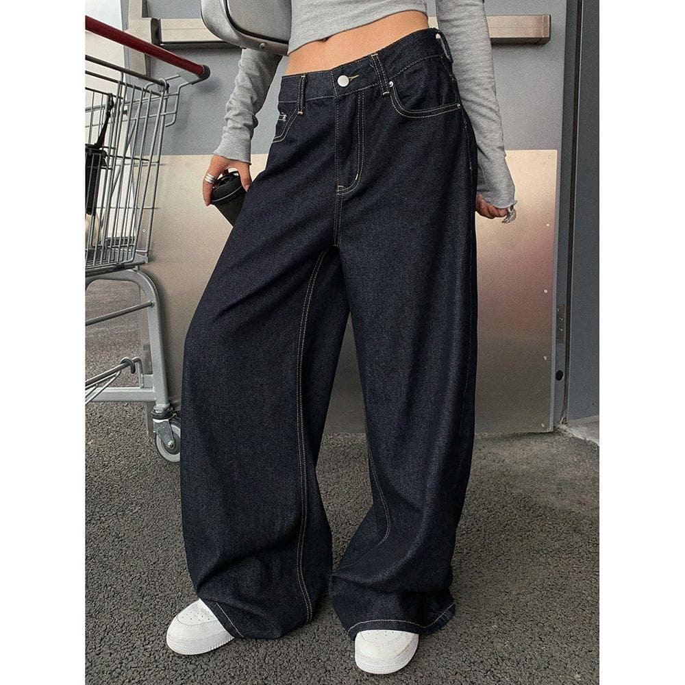 New Washed Jeans for Spring and Autumn Women's High Waist Loose Design with Wide-leg Trousers M blue