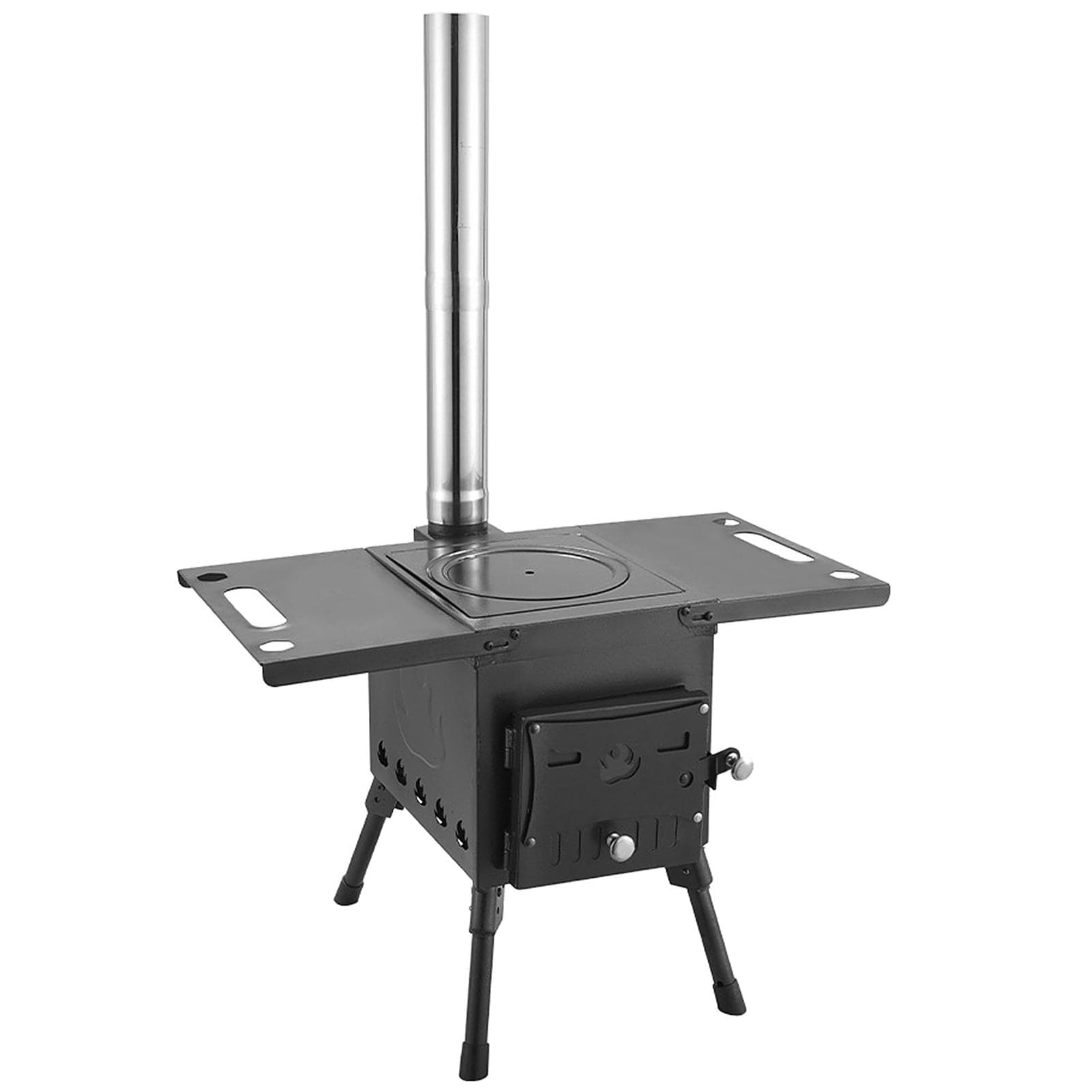 Portable Foldable Wood Burning Stove Camp Tent Stove with Chimney Pipe for Tent Shelter Heating black