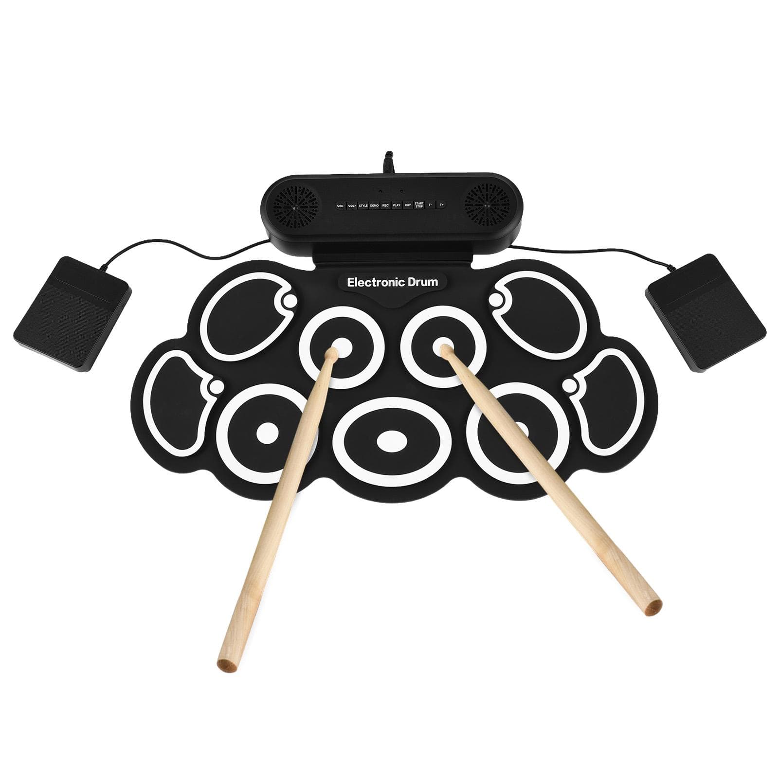 Electronic Drum Set with Dual Speaker Roll-Up Drum Pad 9 Pads Supports BT MIDI Various Audio black