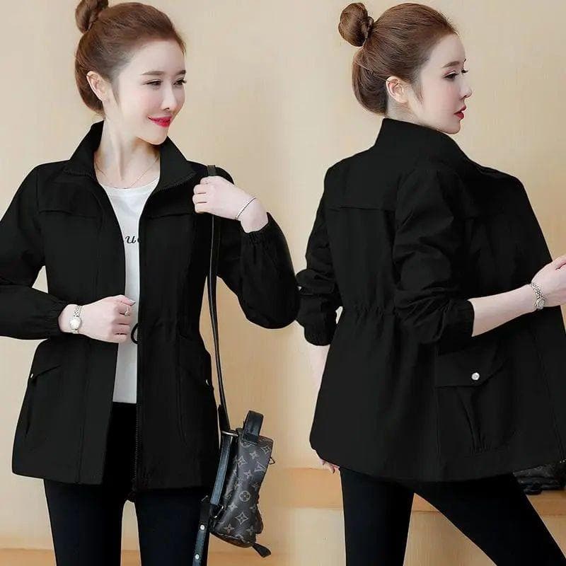 Women's Short Jacket Spring and Autumn Versatile Plus Size Jacket Solid Color Loose Waist Jacket Top L black