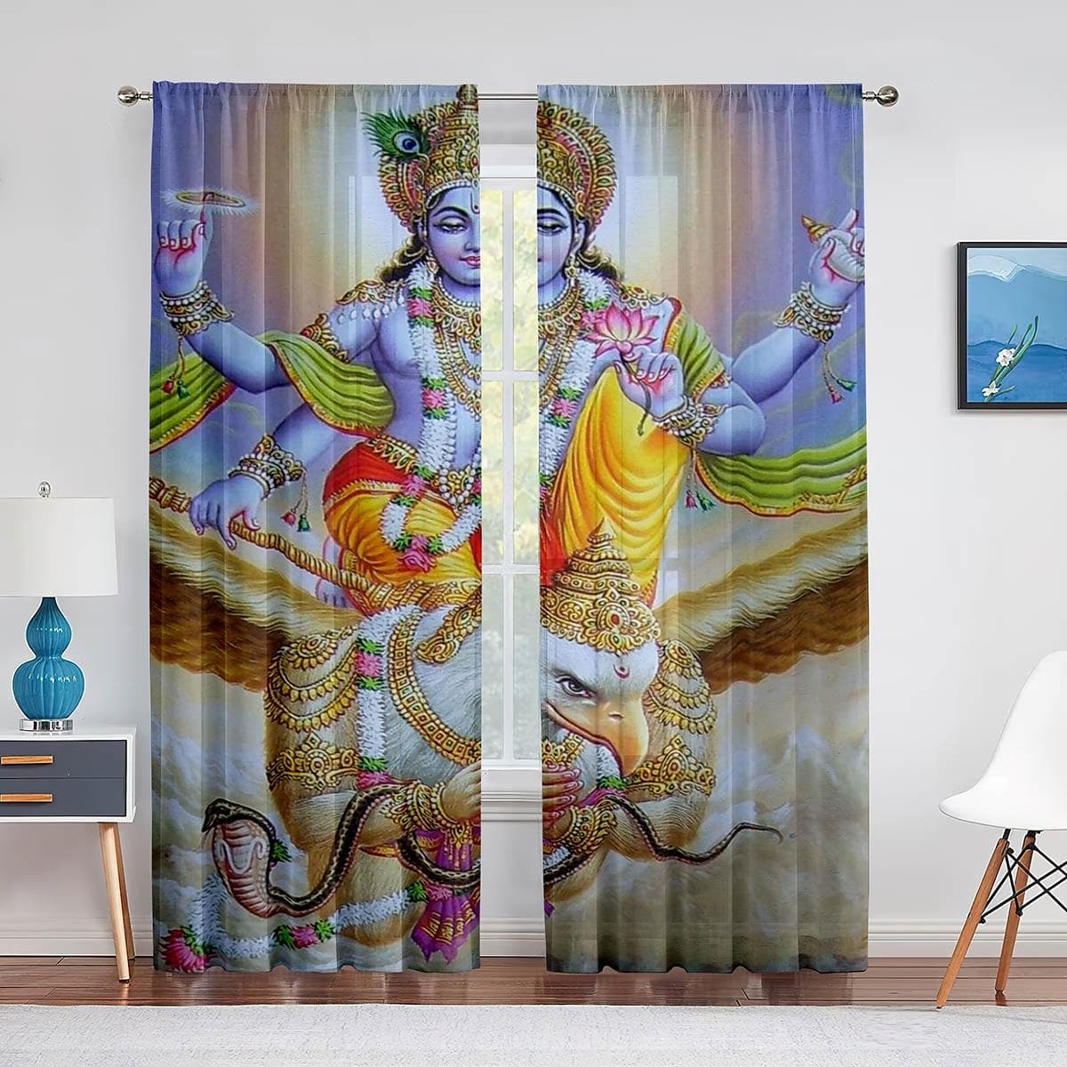 Lord Vishnu on Cloud Tulle Curtains Indian Hindu God Goddess Window Sheer Voile Curtain for Living Room Bedroom Kitchen Decor 1 PCS W200XH250cm&Grommet Top