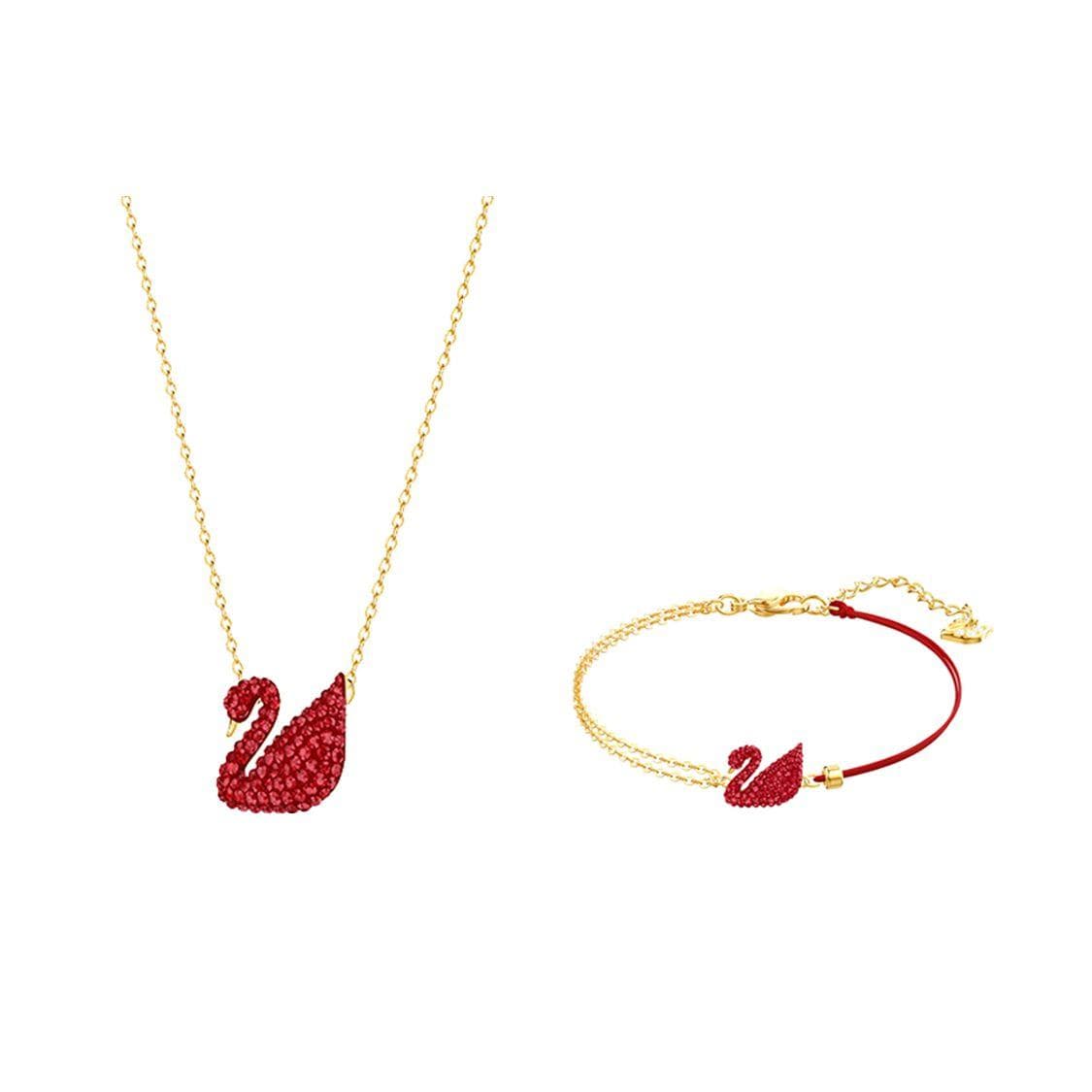 Swarovski Iconic Swan Gold Plated Pendant Necklace Bracelet Set Red Women necklace, bracelet 5468352 Box (Random Color)