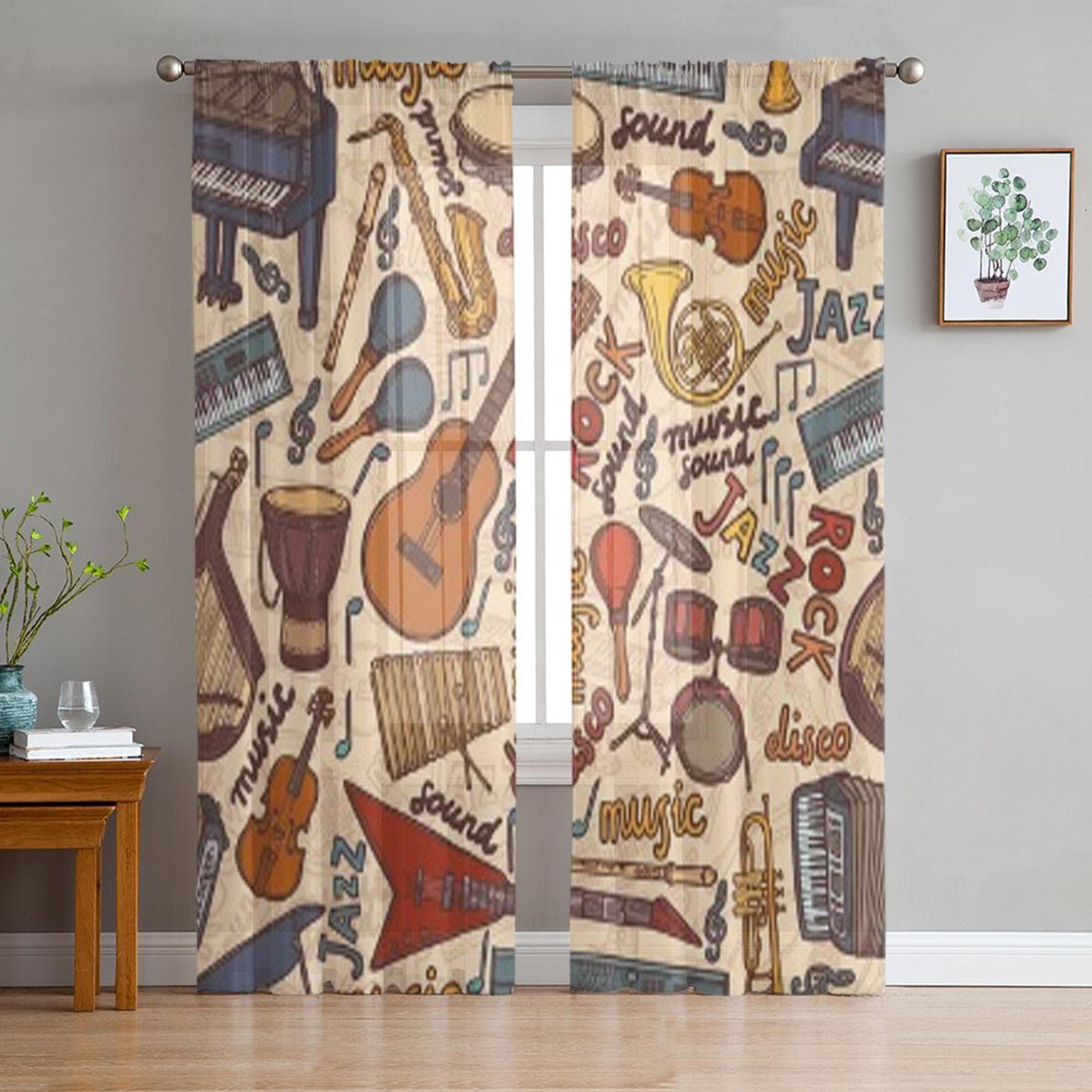 Musical Instruments Sketch Colored Chiffon Sheer Curtains for Living Room Bedroom Kitchen Decoration Window Voiles Tulle Curtain 135W x 114H(cm)