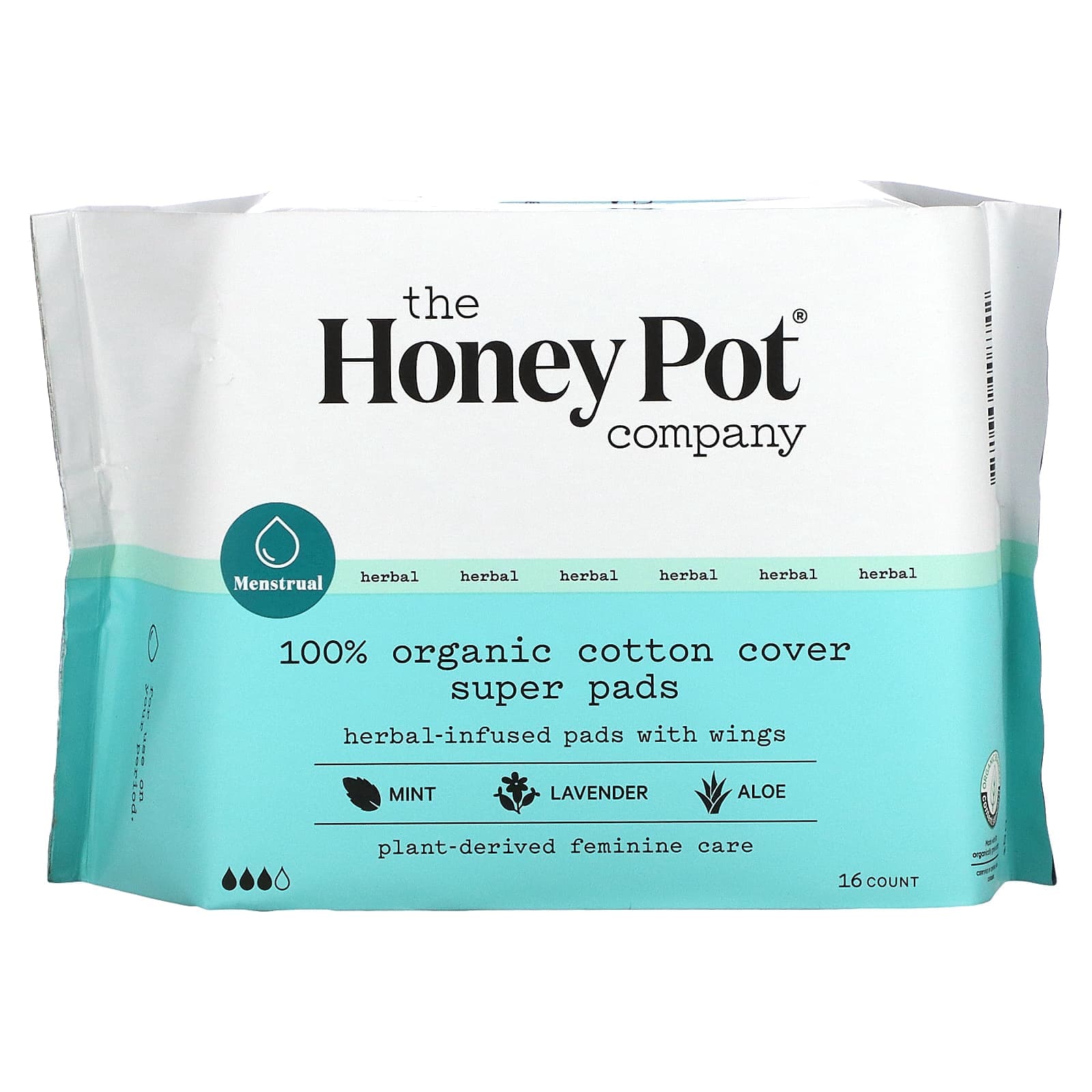 The Honey Pot Company, Organic Super Herbal Pads, Winged, 16 Pack