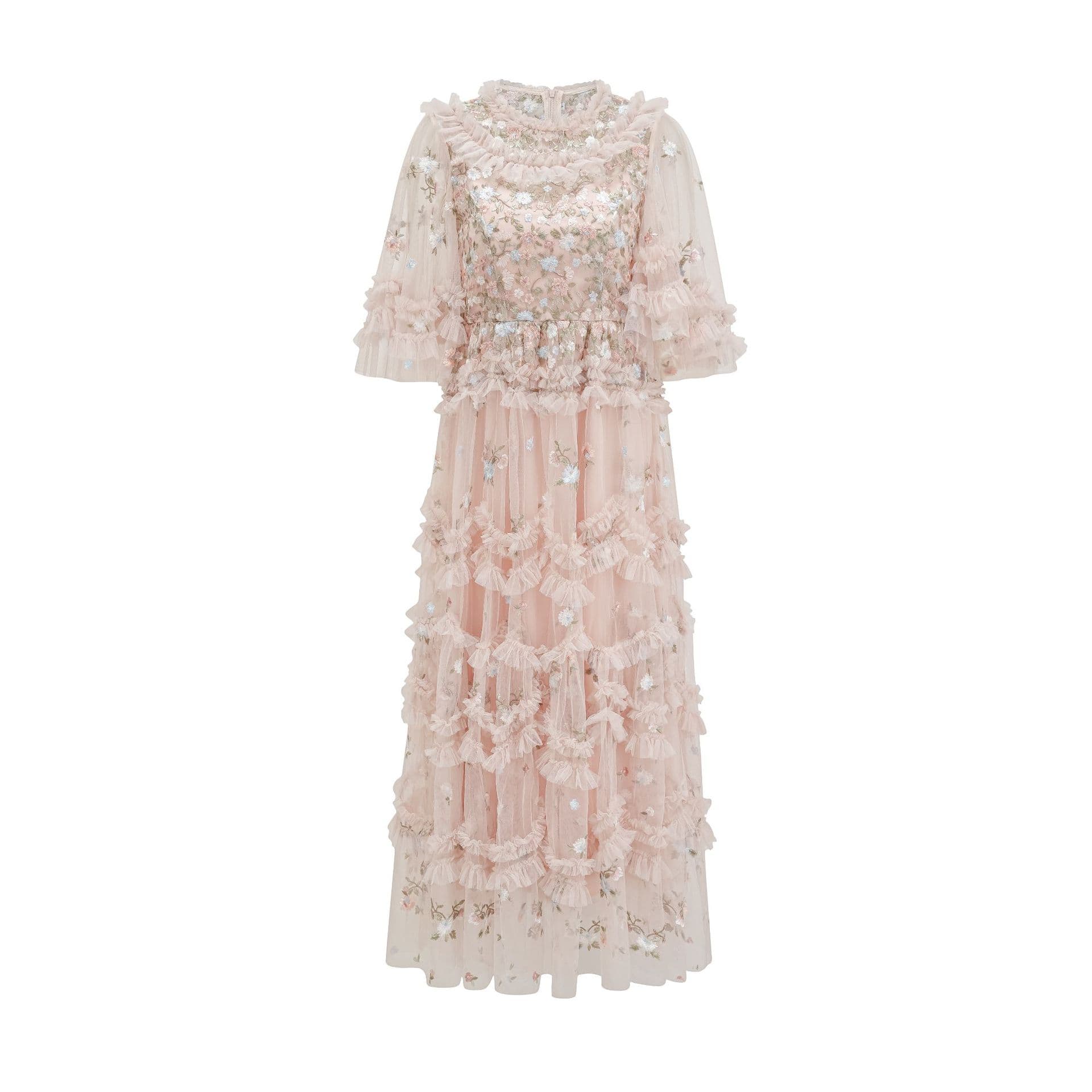 Pink Dress Small Flower Embroidered Mesh Dress Hosting Banquet Evening Dress M pink