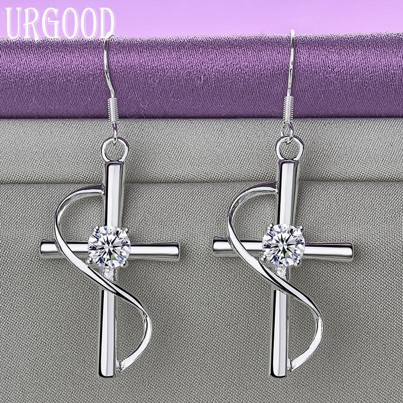 925 Sterling Silver AAA Zircon Cross Earrings Party Gift Beautiful Jewelry 2.00*3.20cm