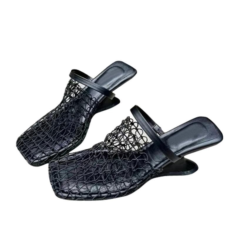 Liyke Sexy Hollow Out Mesh Square Toe Mules Women Shoes Pumps Slippers Fashion Strange Wedges Heels Slides Sandal Female Black 35 black