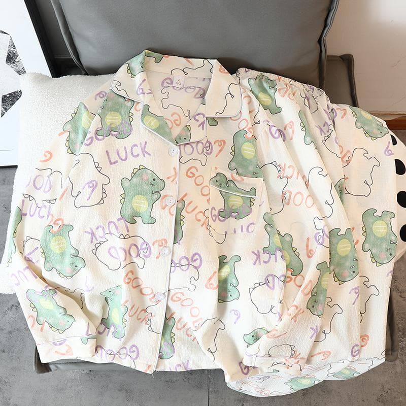 Green Dinosaur Home Wear Cartoon Kawaii Cute Women's Sleep Casual Autumn New Casual Long Sleeve Tops Long Pants 2 Piece Pajamas Set M