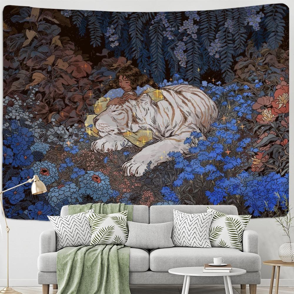 Flower Jungle Animal Tapestry Wall Hanging Ocean Landscape Illustration Boho Art Psychedelic Witchcraft Home Decor 95x70cm