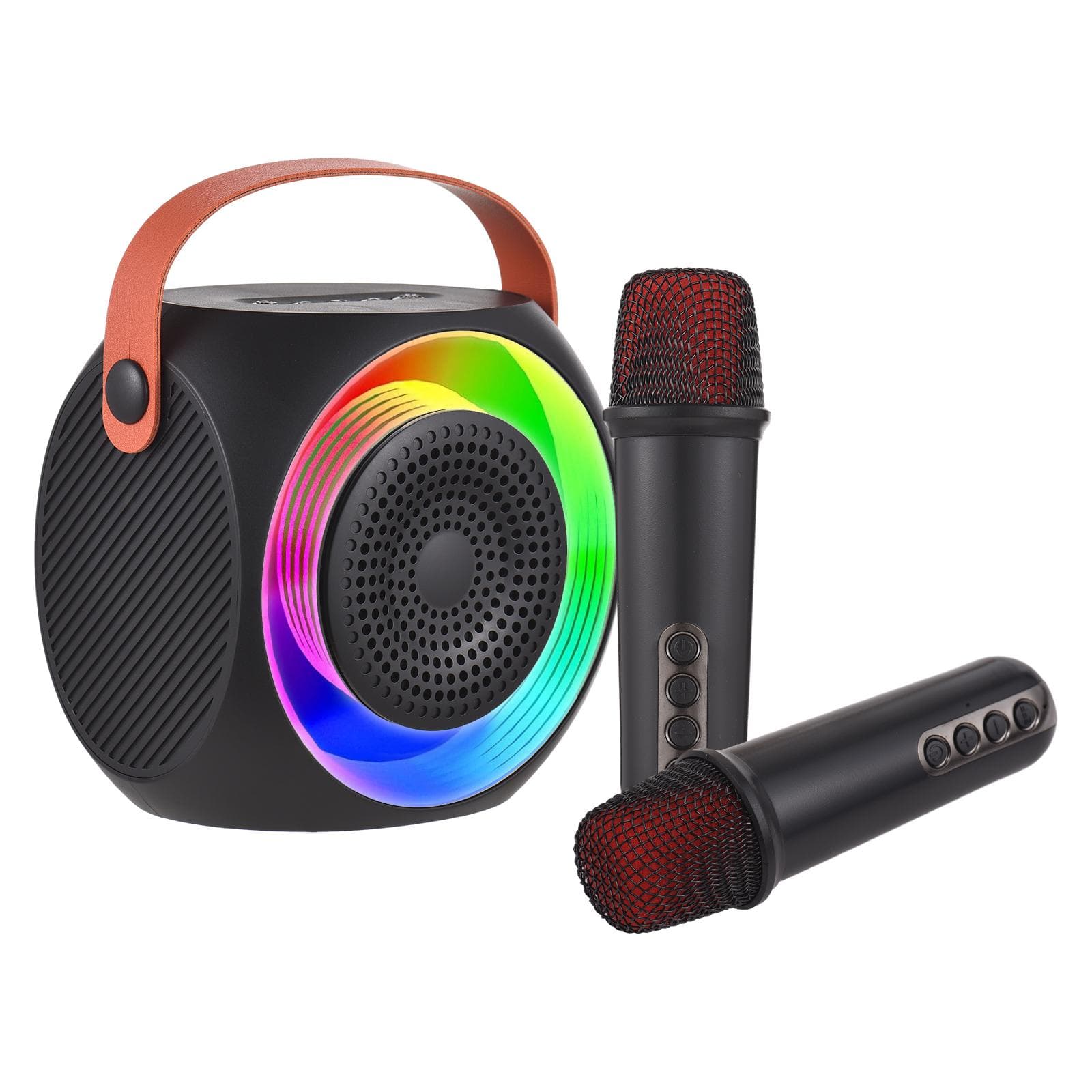 Mini Karaoke Machine Wireless Microphone and Speaker Set with 2 Microphone LED Color Light Handheld black
