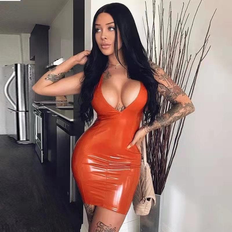 Women's Sleeveless Sexy Big V-neck Waist-hugging Slim Hip-packing Women's Dress for Women XL orange