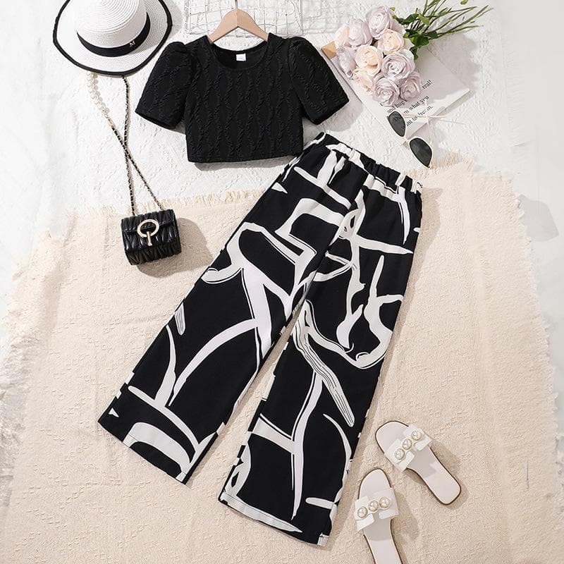Girl's Clothing Summer Suit New Fashion Short-sleeved Top + Printed Casual Trousers 2pcs 7-12Y Suit 150cm/10Y black