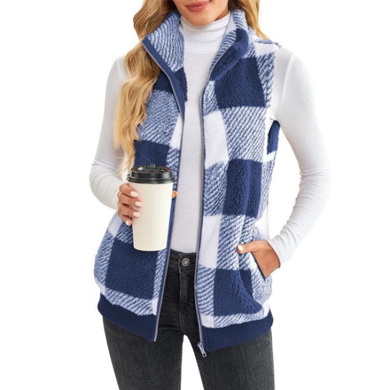 Women's Vest New Plaid Comfortable Fleece Cardigan Vest Stand-up Collar Sleeveless Women's Jacket 4XL