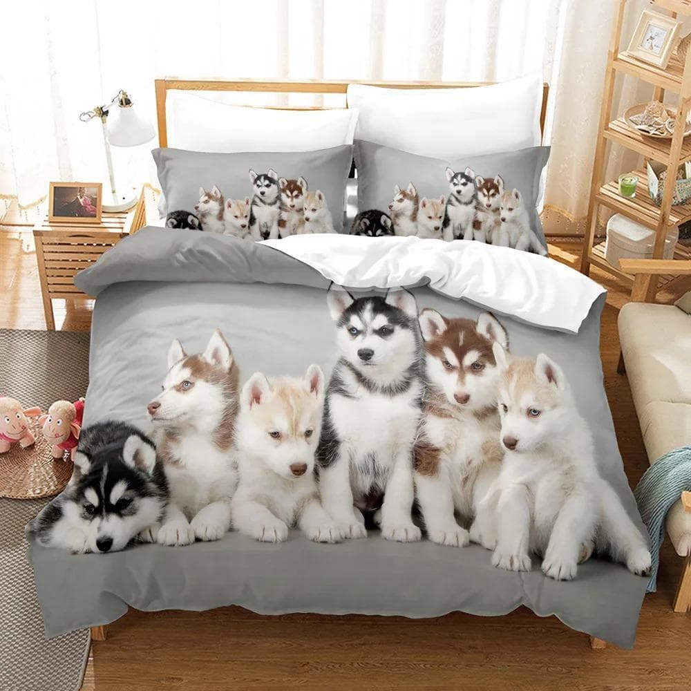 Cute White Dogs Bedding Set Lovely Puppy Husky Comforter Set King Queen Size Duvet Cover Set with Pillowcase Bed Linen for Girls 70x133cm 2pcs
