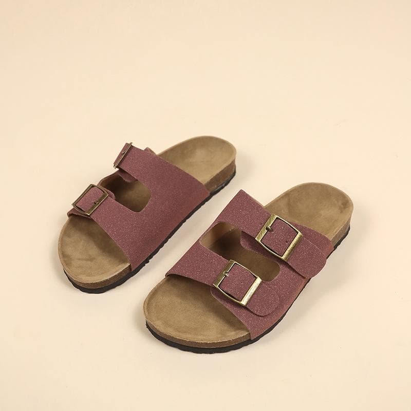 Retro Thick-soled Boken Shoes for Women Summer Double Buckle Round-toe Slippers Anti-slip Beach Shoes 38 burgundy