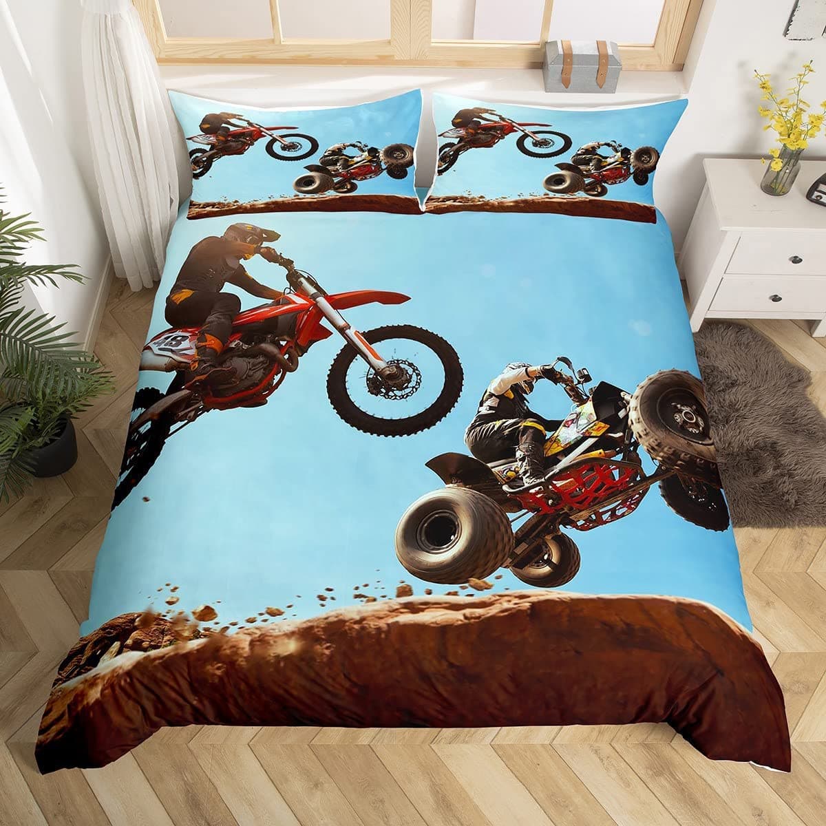 Dirt Bike Duvet Cover Set Extreme Sports Bedding Set Motocross Rider Comforter Cover Cool Motorbike Bedspread Cover Queen Size EU single(135x200cm)