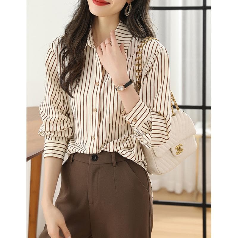 Coffee Striped Long-sleeved Shirt for Women In Autumn New Age-reducing Fashion Casual Shirt Top 2XL