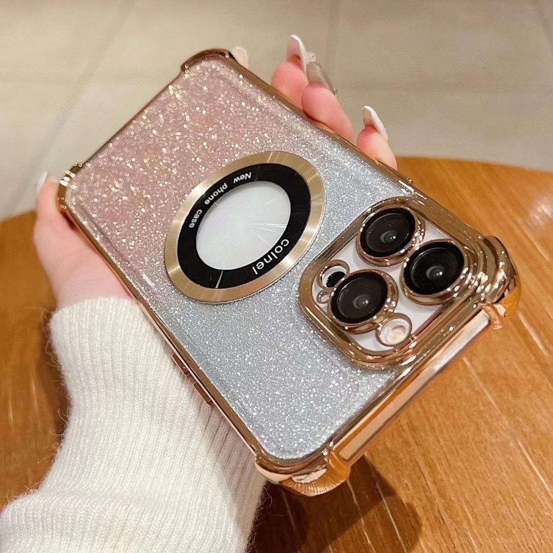 Applicable To IPhone16E Electroplated Four-angle Lens Film Mobile Phone Case Apple 15PRO Flash Powder Magnetic Bracket Protection Case iPhone11