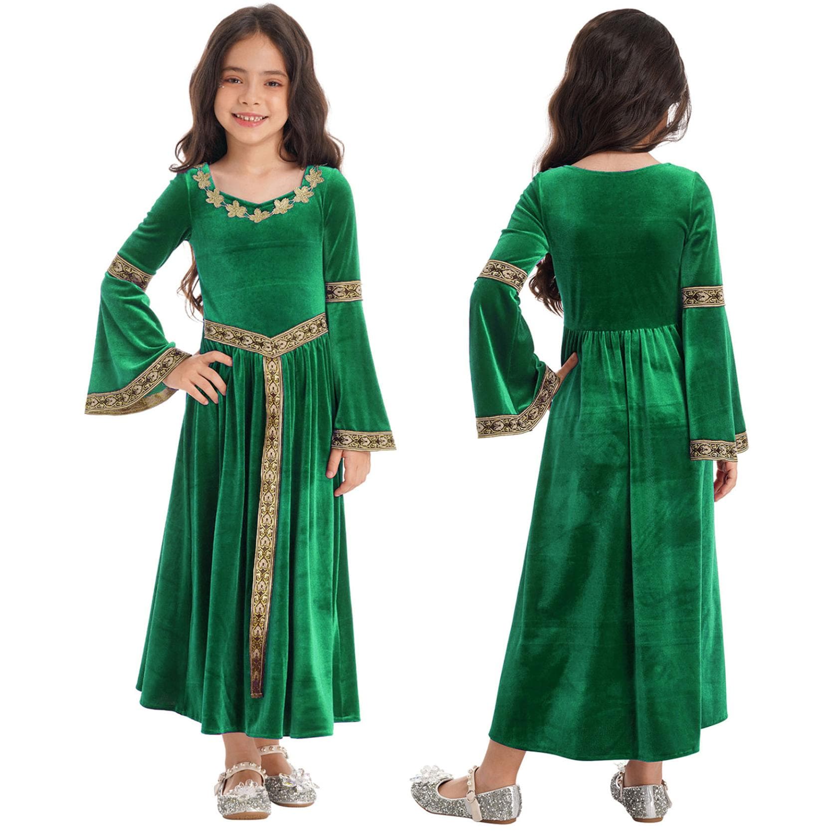 Girls Medieval Princess Costume Renaissance Costume Robe Retro Gown Dress for Halloween Cosplay Dress Up 9-10 Years green