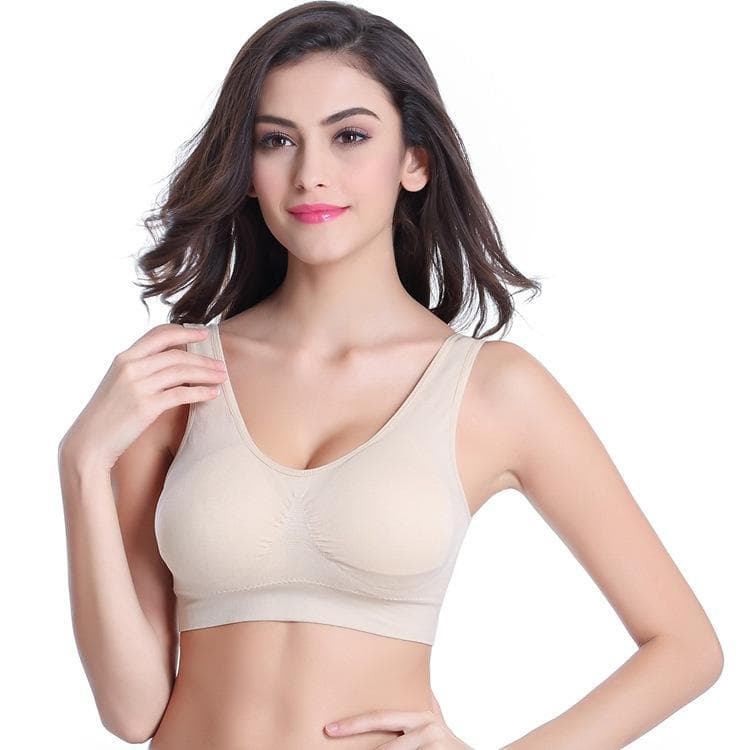 S-6XL Women Sport Bra Fitness Running Vest Gym Workout Underwear Padded Crop Tops Female Sportswear Brassiere Push Up Bras M beige
