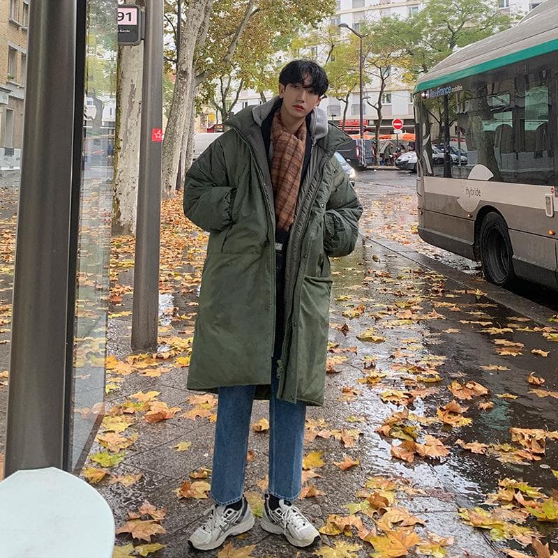 Cotton Coat Men's Mid-length Coat Korean Style Trendy Loose Thickened Cotton Coat and Jacket 2XL green