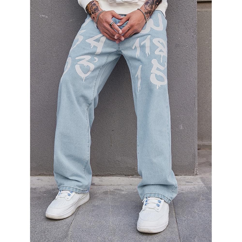 Retro Jeans Men's Spring and Autumn New Trendy Brand Loose Straight Versatile Long Pants XXXL light blue