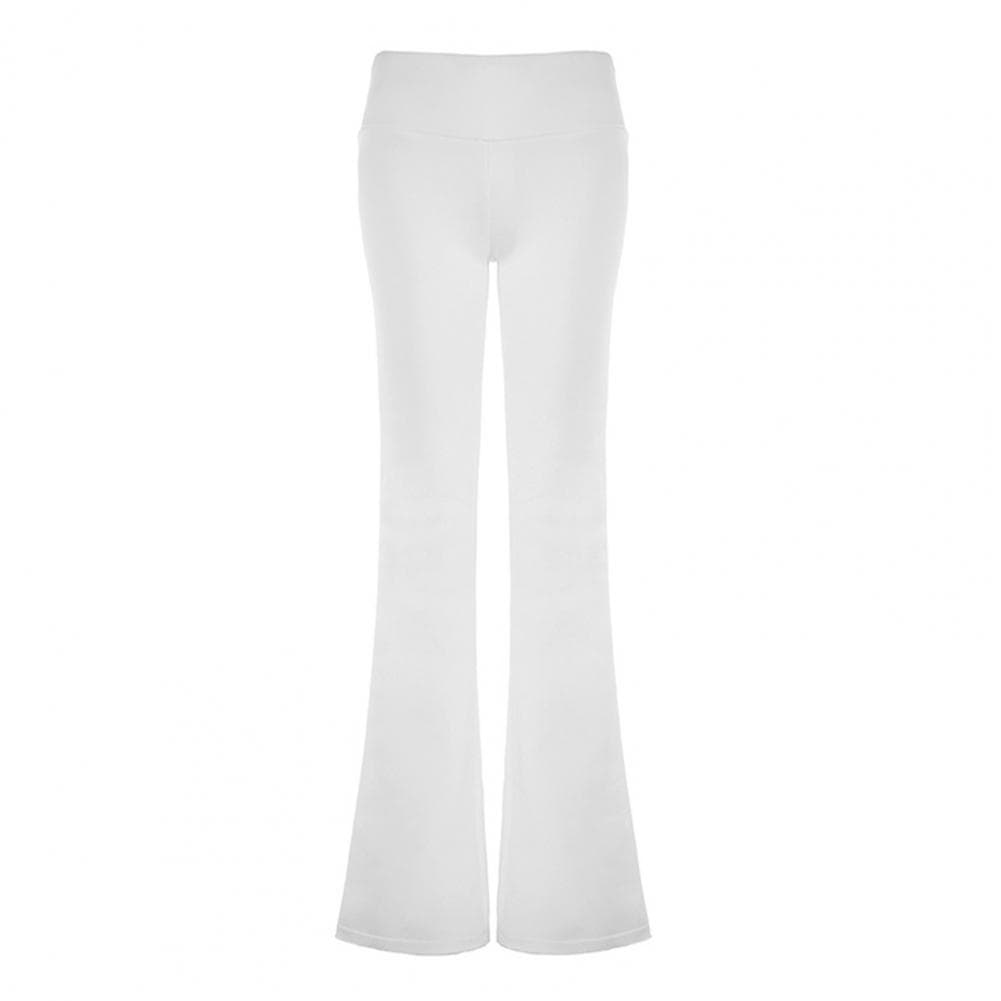 Women Flared Pants Elastic High Waist Solid Color Casual Trousers Basic Style Slim Fit Long Pants Daily Wear S white