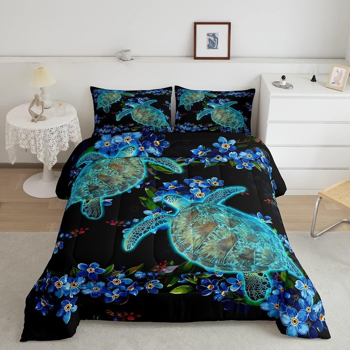 Nautical Anchor Sea Turtle Bedding Set Kids Boy Girl Teens Room Decor,Underwater Starfish Print Comforter Cover Full Size 3 Pcs EU single(135x200cm)