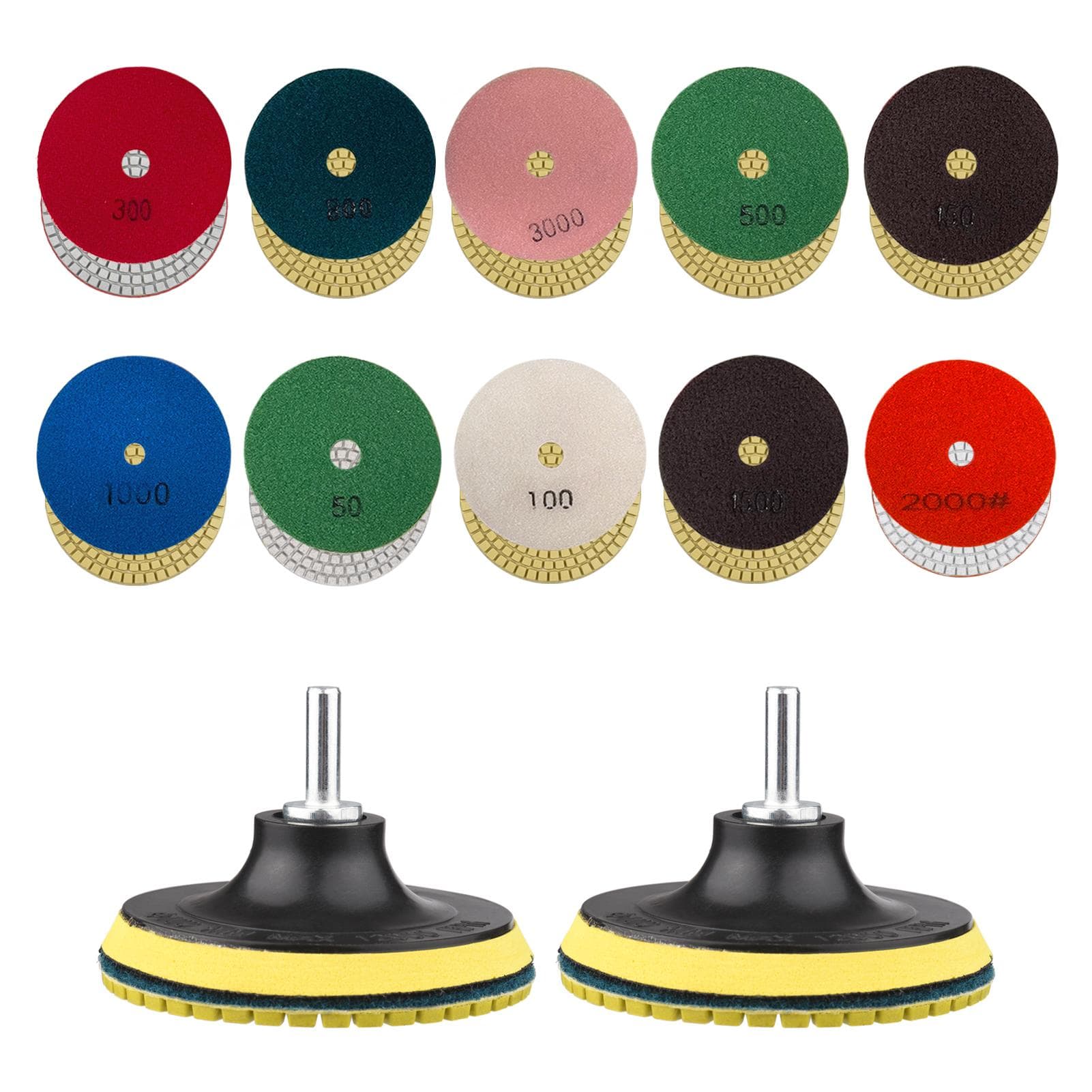 10pcs Diamond Polishing Pads 4 Inch + 2pcs Backing Holder Pads + 2pcs Drill Adapters for Granite multicolour