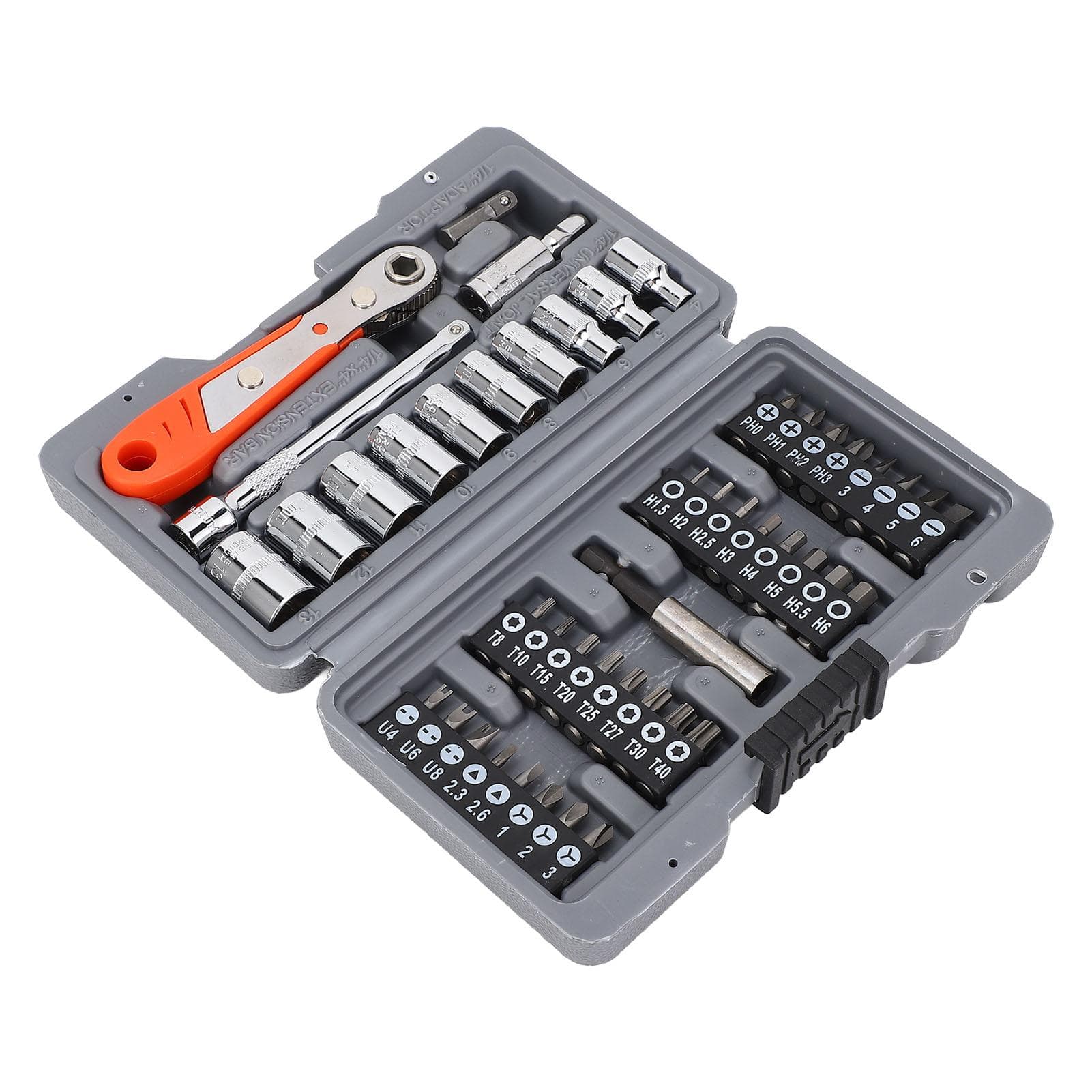 47 Pcs Ratchet Wrench Screwdriver Set 14 Inch Drive Sockets 25mm Slot Cross Star Screwdriver Bits