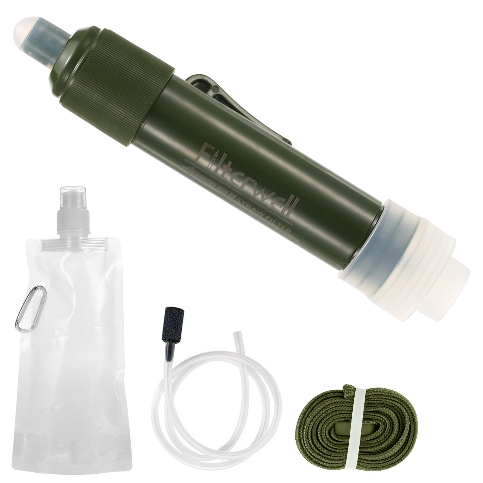 Outdoor Water Filtration System Water Filter Straw Purifier with Drinking Pouch for Emergency army green