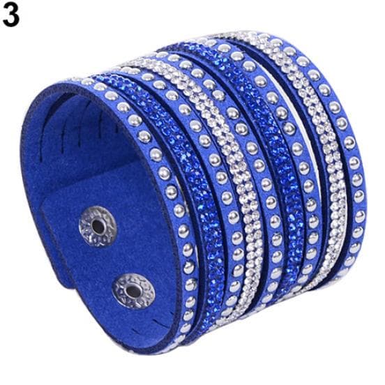 Women's Multilayer Wrap Rivet Rhinestone Suede Cuff Bangle Wristband Bracelet MIT one size blue