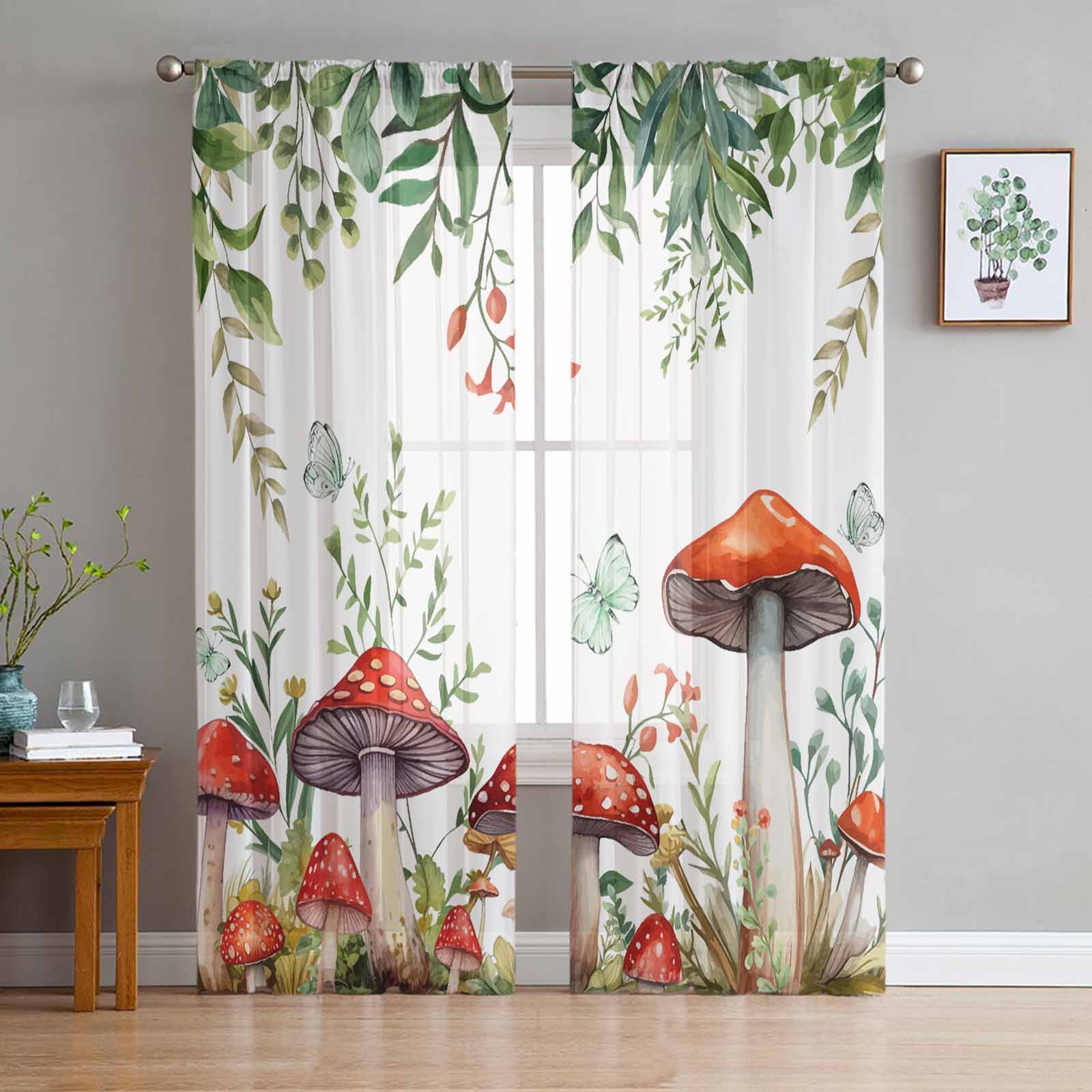 Mushroom Plants Watercolor Flowers Retro Butterflies Bedroom Curtains Tulle Sheer Curtain Living Room Home Decor Voile Drapes 135W x 114H(cm)