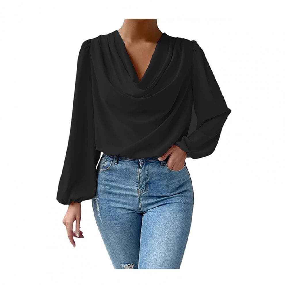 Chiffon Women Shirt Draping Piled Collar Lantern Sleeves Pullover Tops Solid Color Loose Fit Commuting Top Daily Wear S black