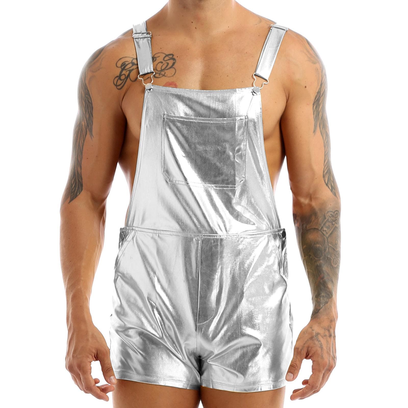 Mens Adult Shiny Metallic Adjustable Shoulder Straps Bib Overall Suspender Shorts Jumpsuit XXL silver