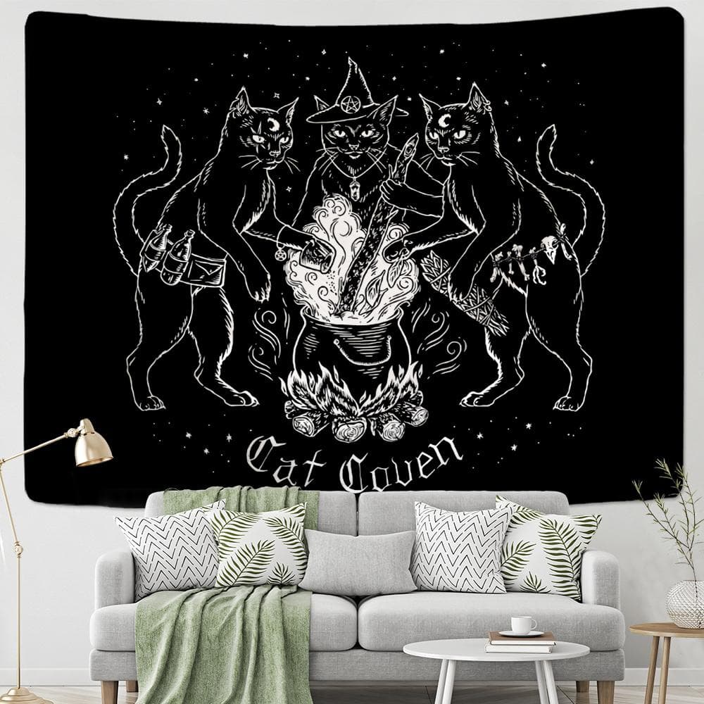 Cat Witchcraft Tapestry Wall Hanging Bohemian Psychedelic Cat Bay Divination Mysterious Black Cool Home Decor 95x70cm